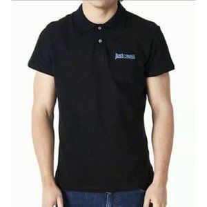 New Roberto Cavalli Just Cavalli Polo Shirt! L  Black With Blue Logo  SLIM FIT